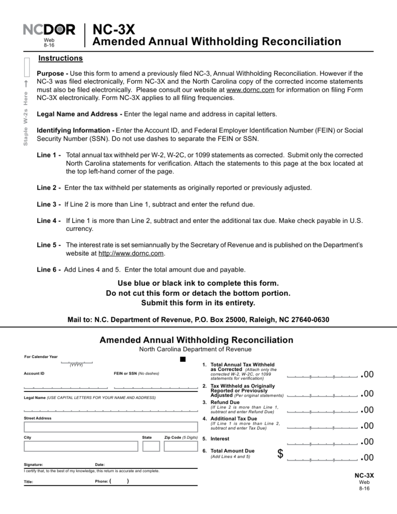 Form NC 3X Download Printable PDF Or Fill Online Amended Annual 