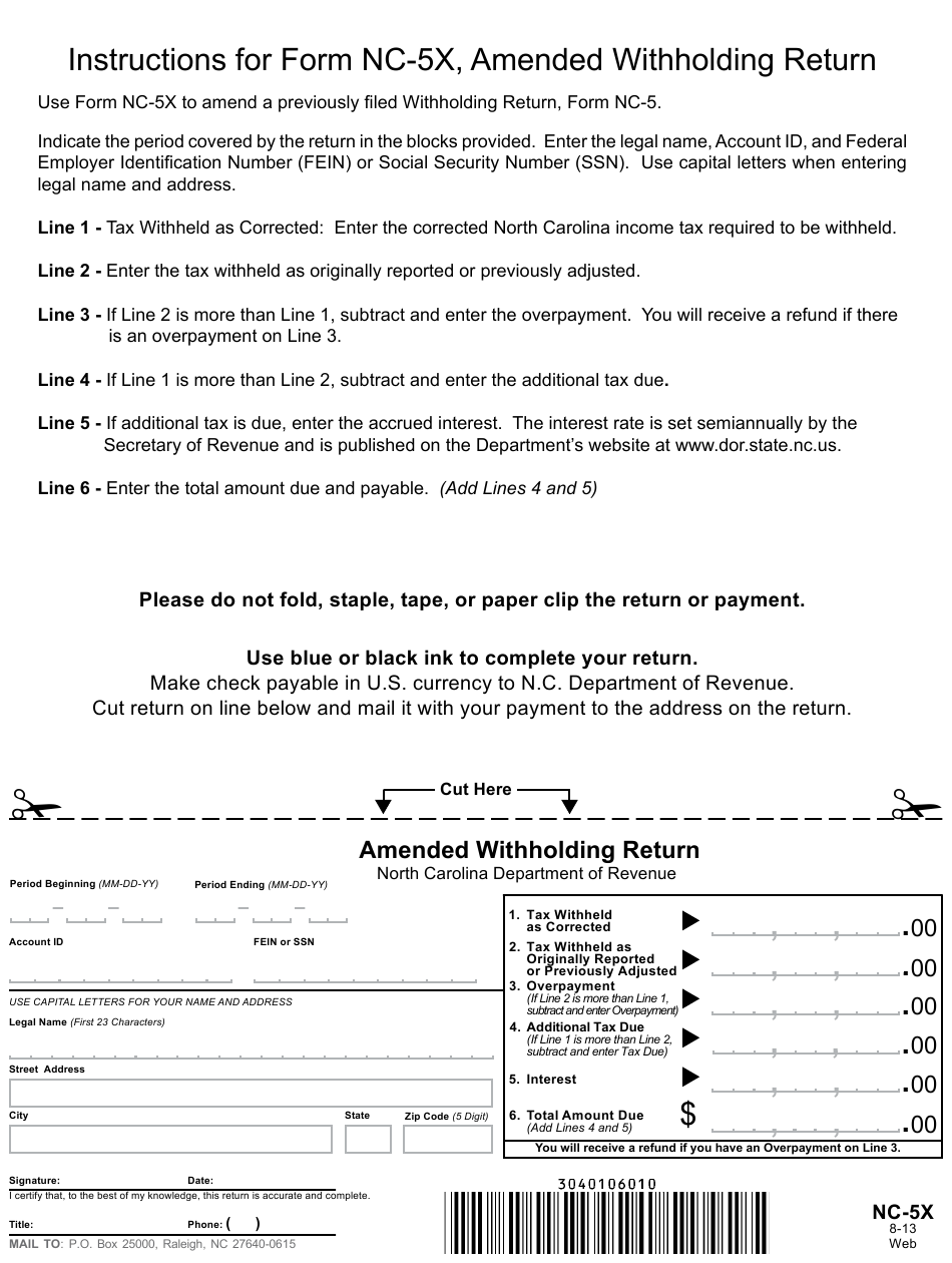 Form NC 5X Download Printable PDF Or Fill Online Amended Withholding 