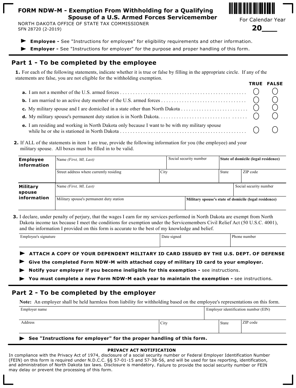 Form NDW M SFN28720 Download Fillable PDF Or Fill Online Exemption 