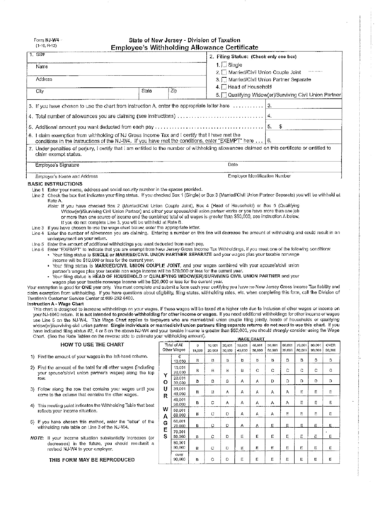 Form Nj W4 Employee S Withholding Allowance Certificate Printable Pdf 