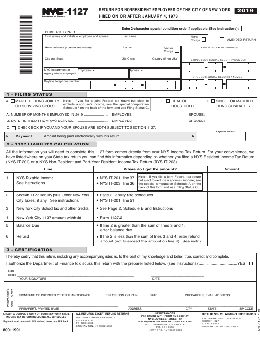 Form NYC 1127 Download Printable PDF Or Fill Online Return For 