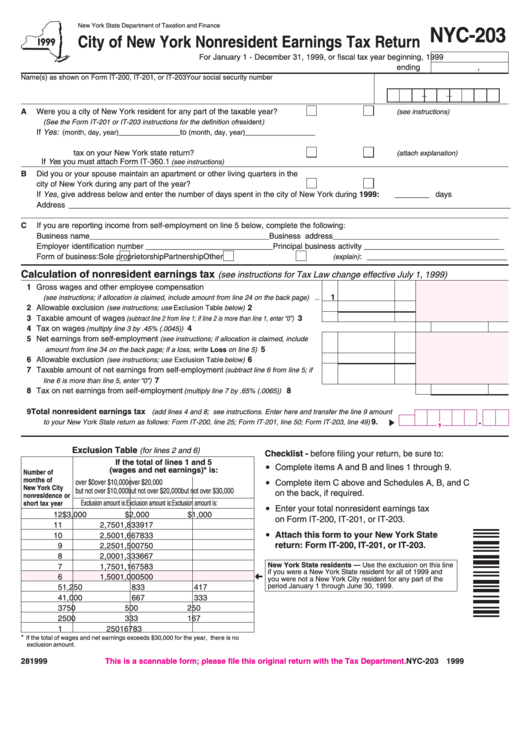 Form Nyc 203 City Of New York Nonresident Earnings Tax Return 1999 