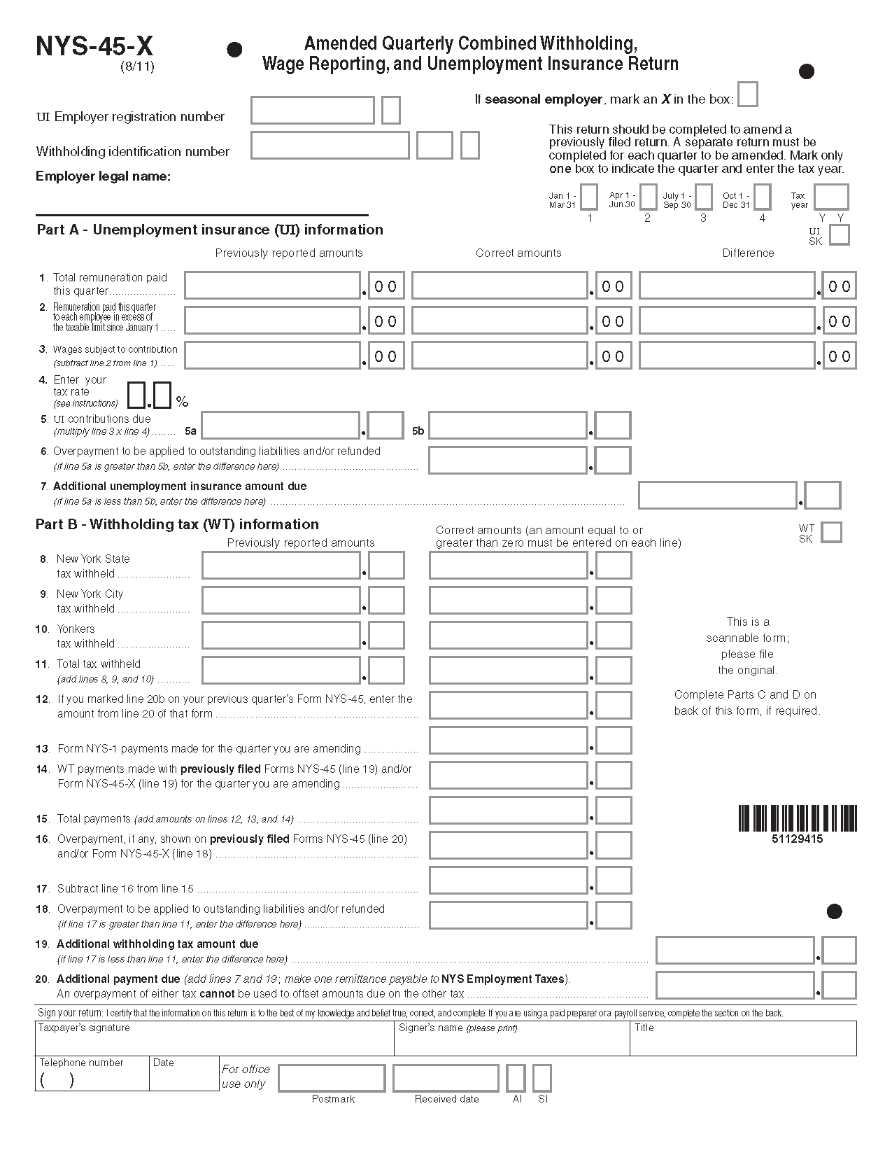 Form NYS 45 X Fill in Amended Quarterly Combined Withholding Wage 