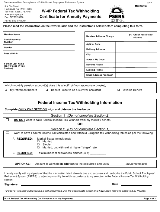 Form PSRS 996 Download Printable PDF Or Fill Online W 4p Federal Tax 