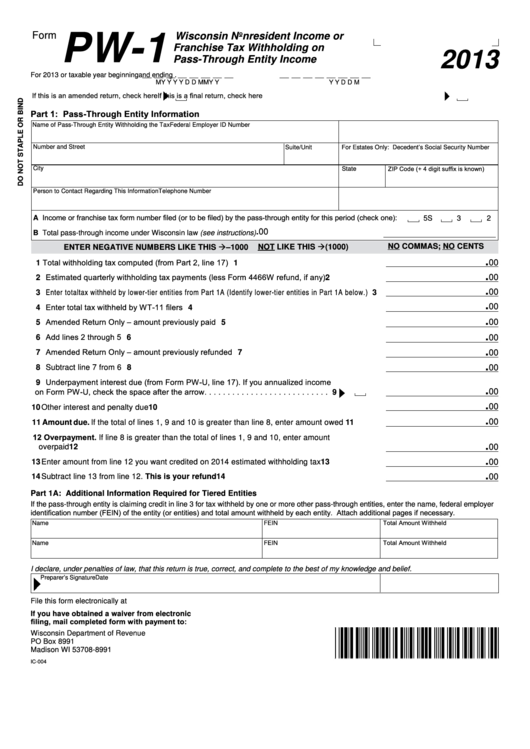 Form Pw 1 Wisconsin Nonresident Income Or Franchise Tax Withholding 