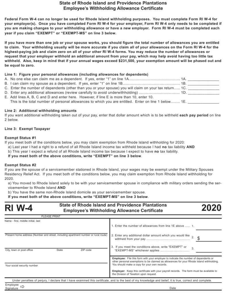 Form RI W 4 Download Printable PDF Or Fill Online Employee s 