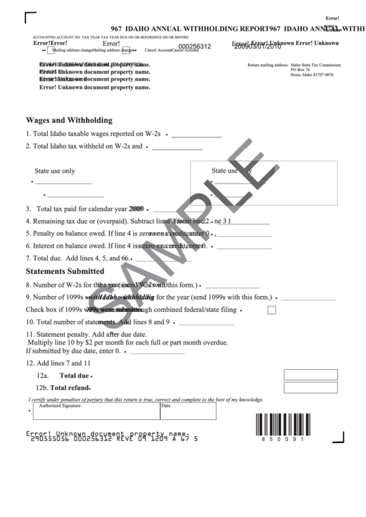Form Ro967a 967 Idaho Annual Withholding Report 2009 Printable Pdf 