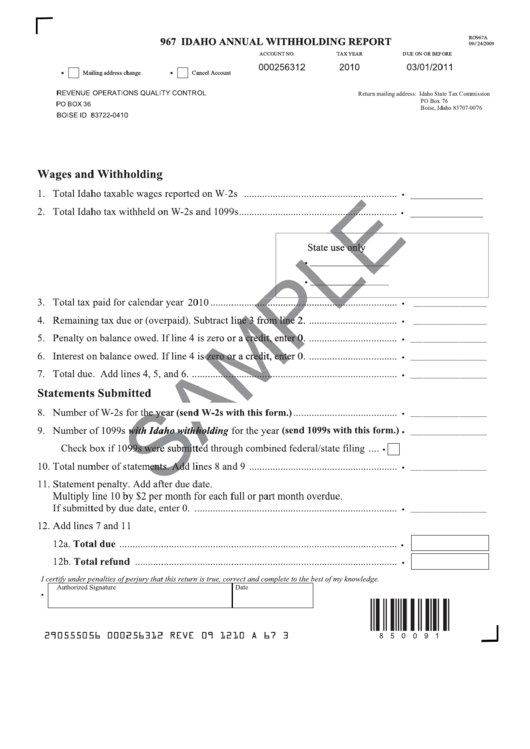 Form Ro967a Idaho Annual Withholding Report Printable Pdf Download