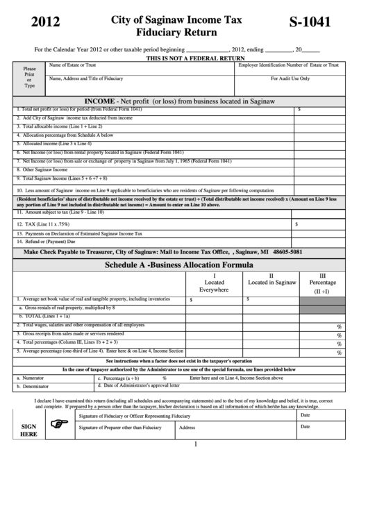 Form S 1041 City Of Saginaw Income Tax Fiduciary Return 2012 
