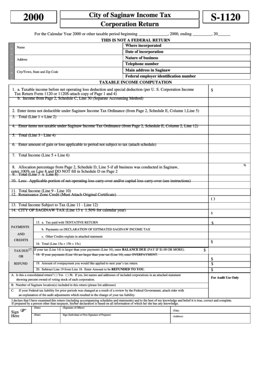 Form S 1120 City Of Saginaw Income Tax Corporation Return 2000 