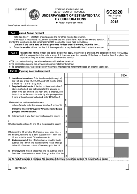 Form Sc2220 Underpayment Of Estimated Tax By Corporations 2015 