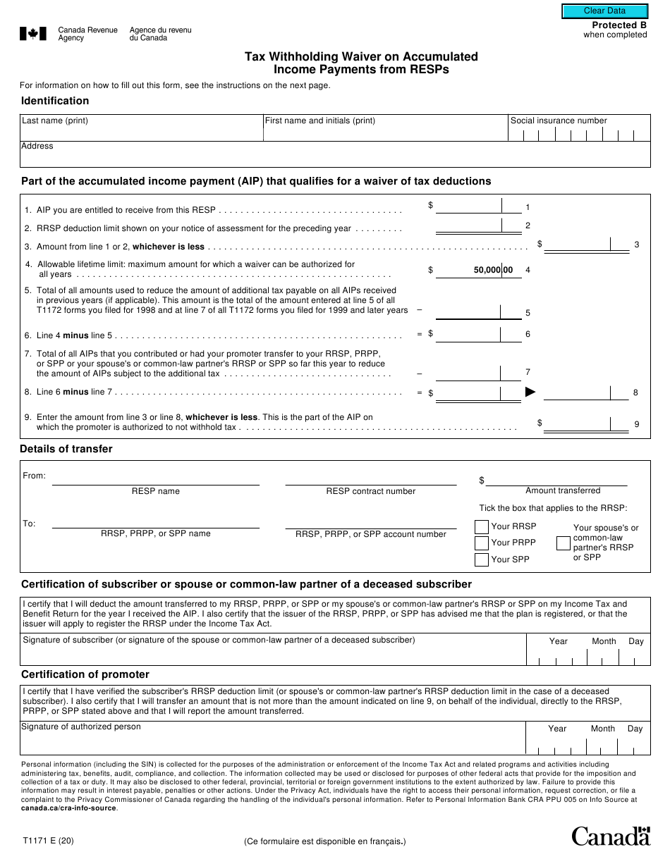 Form T1171 Download Fillable PDF Or Fill Online Tax Withholding Waiver 