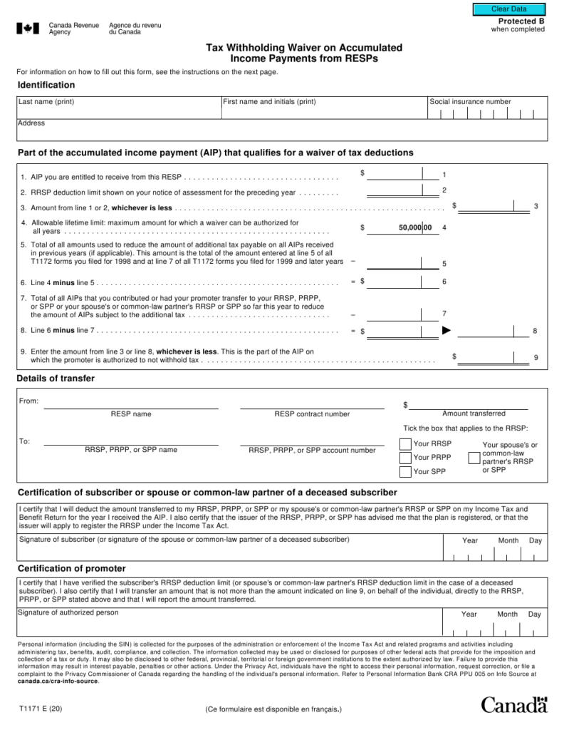 Form T1171 Download Fillable PDF Or Fill Online Tax Withholding Waiver