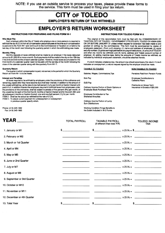 Form W 1 Employer S Return Of Tax Withheld City Of Toledo Printable 