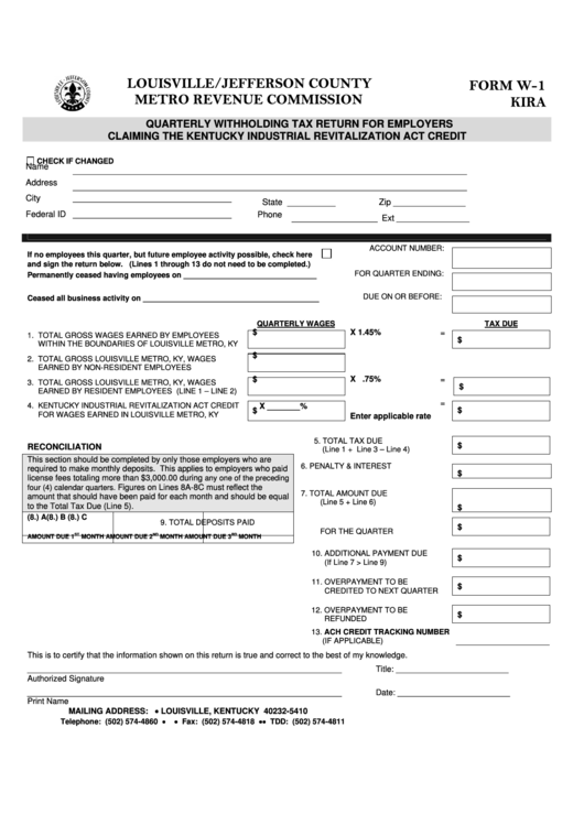 Form W 1 Kira Quarterly Withholding Tax Return For Employers Claiming 