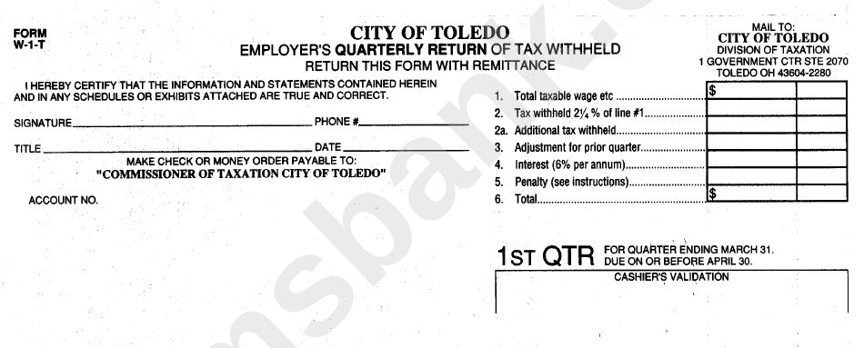 Form W 1 T City Of Toledo Employer S Quarterly Return Of Tax Withheld 