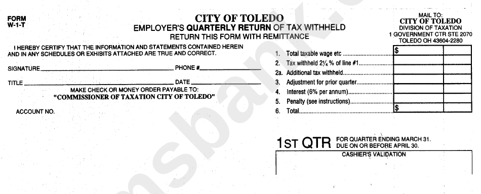 Form W 1 T City Of Toledo Employer S Quarterly Return Of Tax Withheld