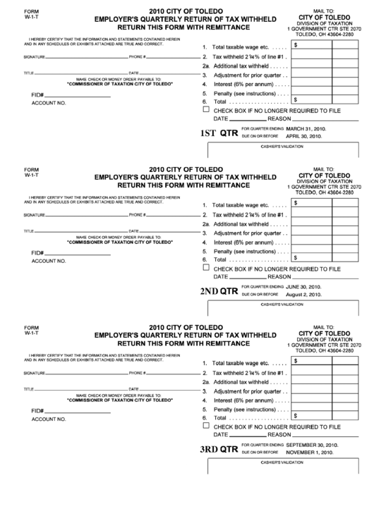 Form W 1 T Employer S Quarterly Return Of Tax Withheld City Of 