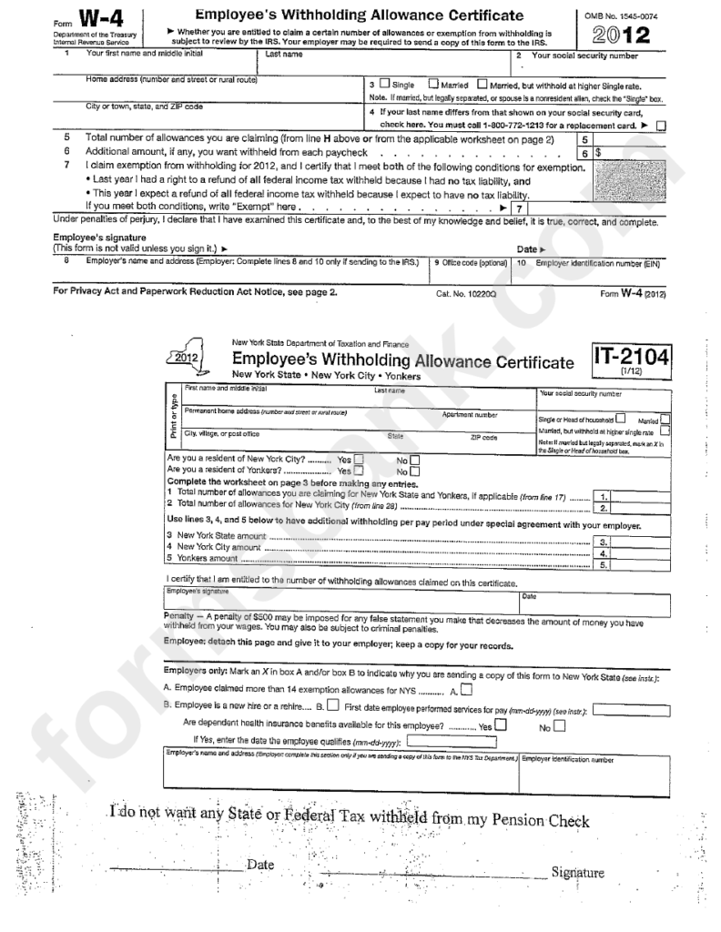 Form W 4 Employee S Withholding Allowance Certificate 2012 New 