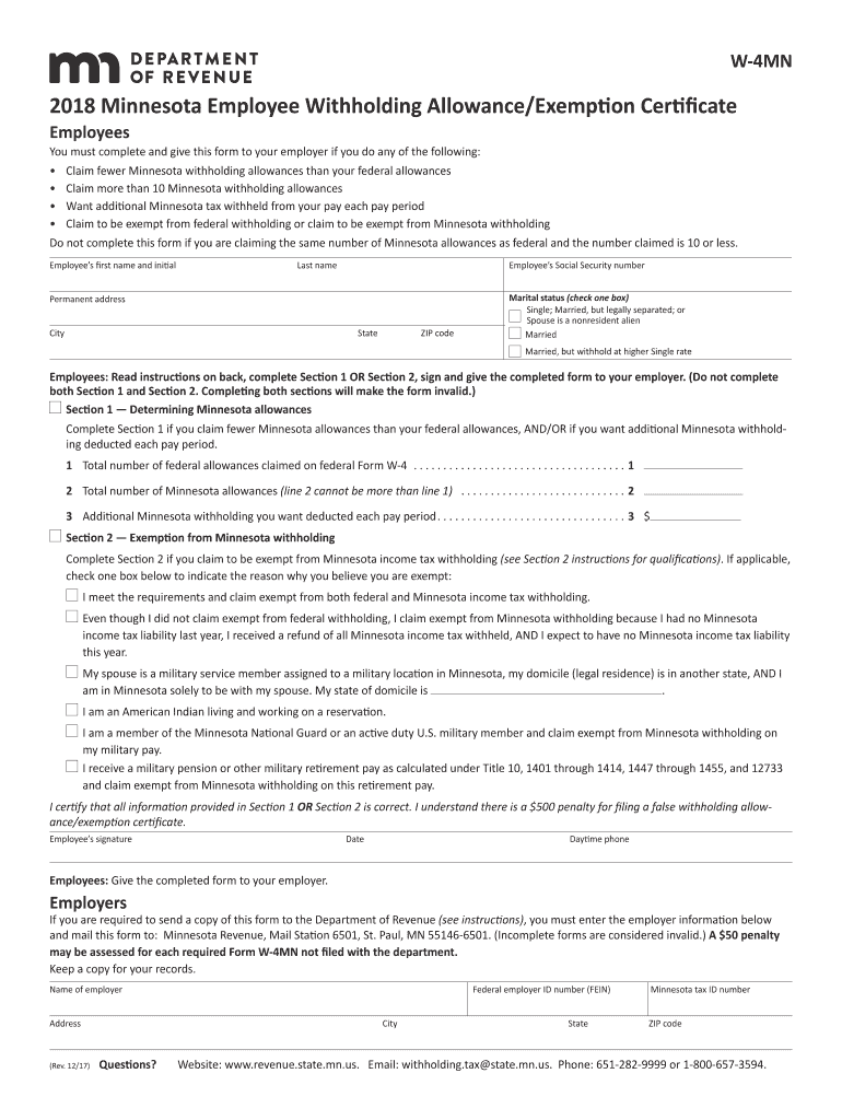Form W 4MN Minnesota Employee Withholding Allowance Fill Out And 