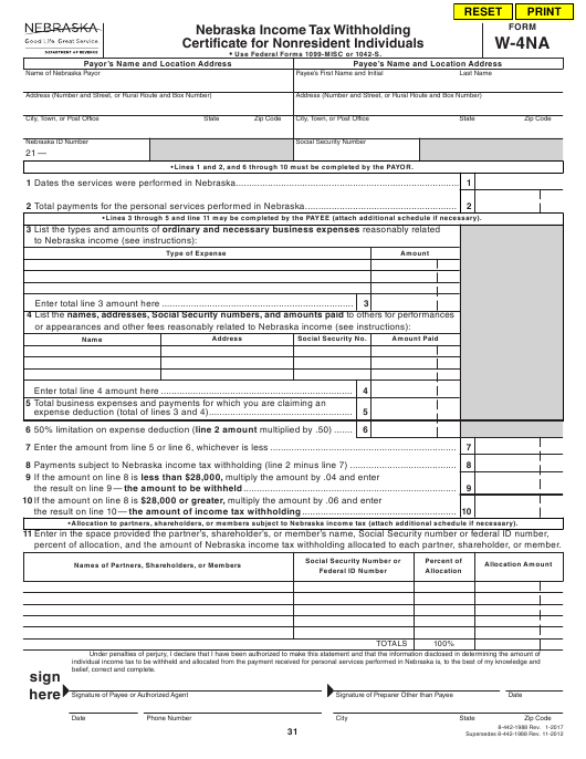 Form W 4NA Download Fillable PDF Or Fill Online Nebraska Income Tax 