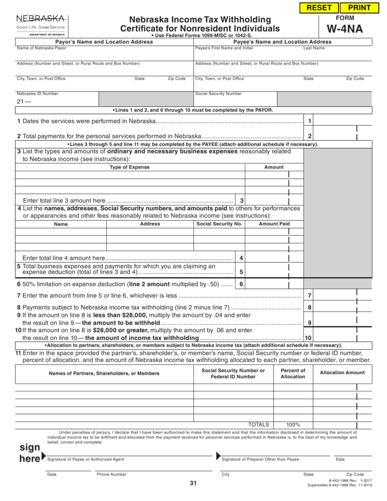 Form W 4NA Download Fillable PDF Or Fill Online Nebraska Income Tax 