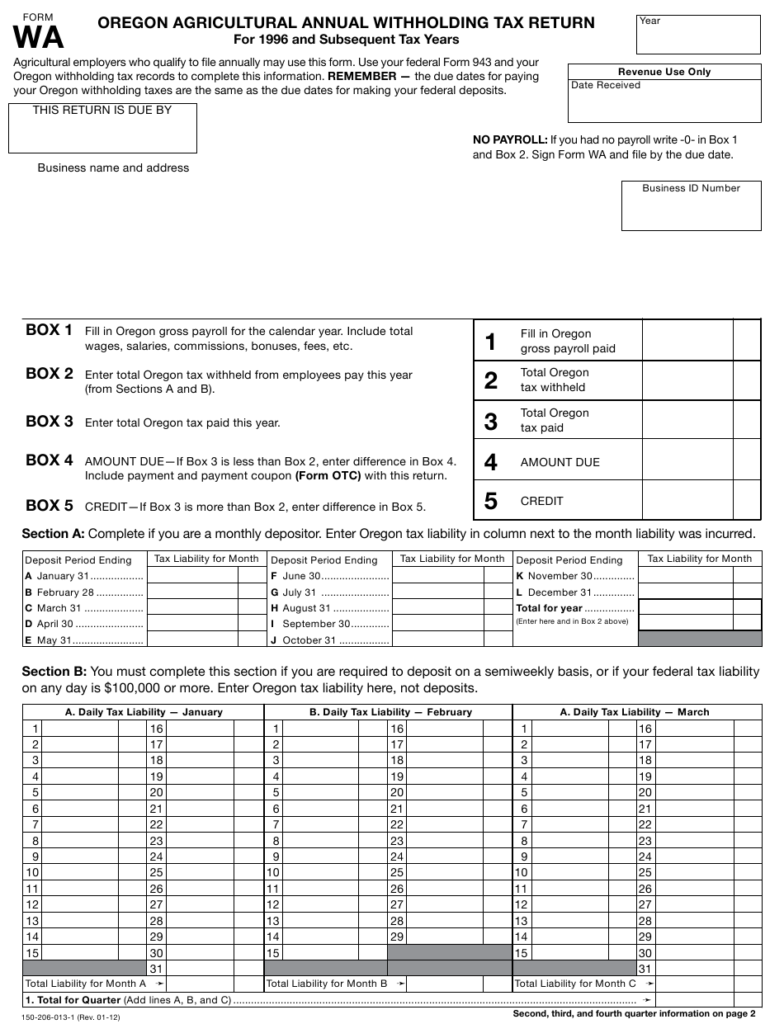 Form WA Download Printable PDF Or Fill Online Oregon Agricultural 