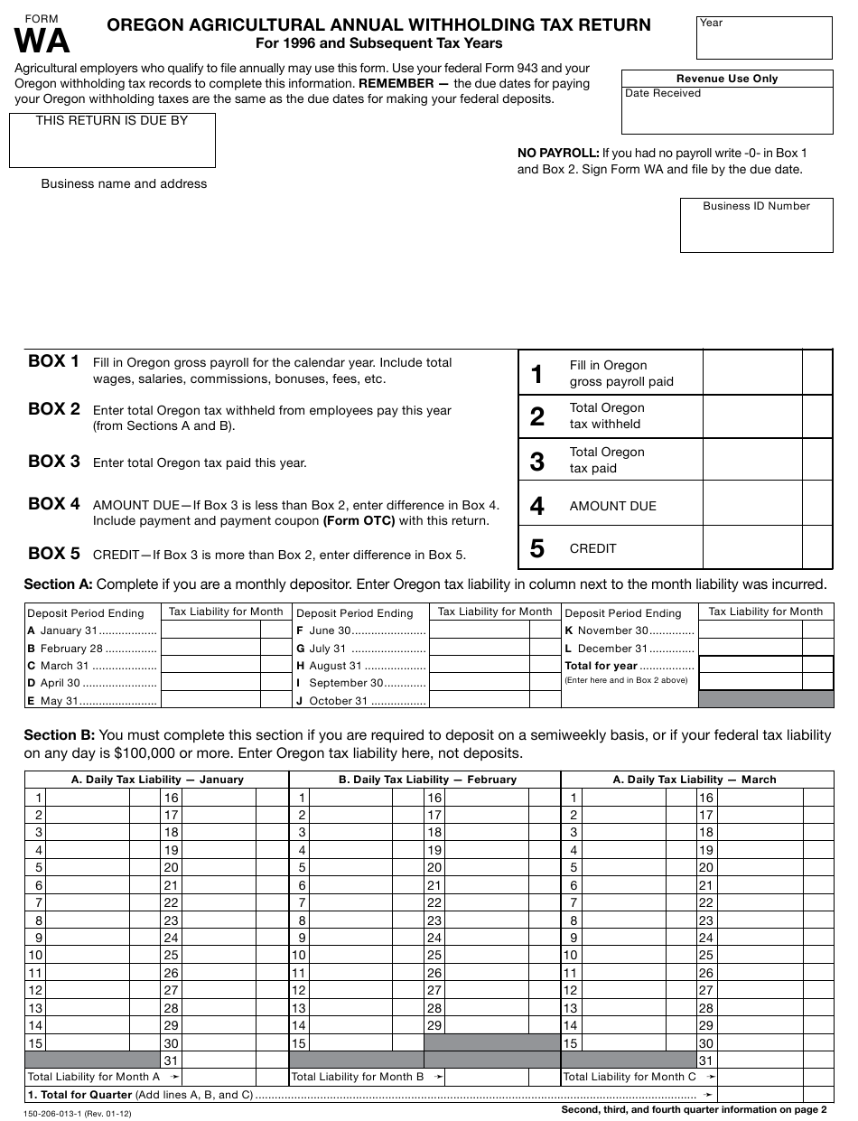 Form WA Download Printable PDF Or Fill Online Oregon Agricultural 