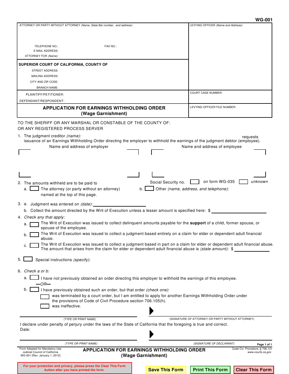 Form WG 001 Download Fillable PDF Or Fill Online Application For 