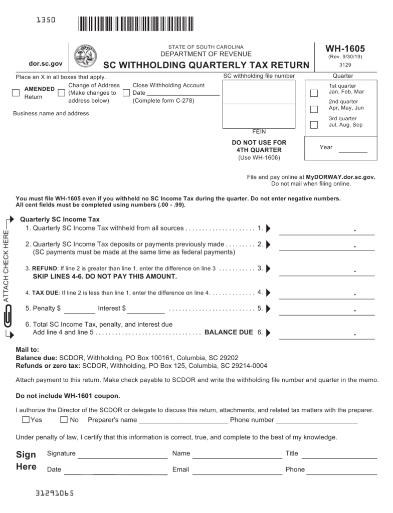 Form WH 1605 Download Printable PDF Or Fill Online Sc Withholding