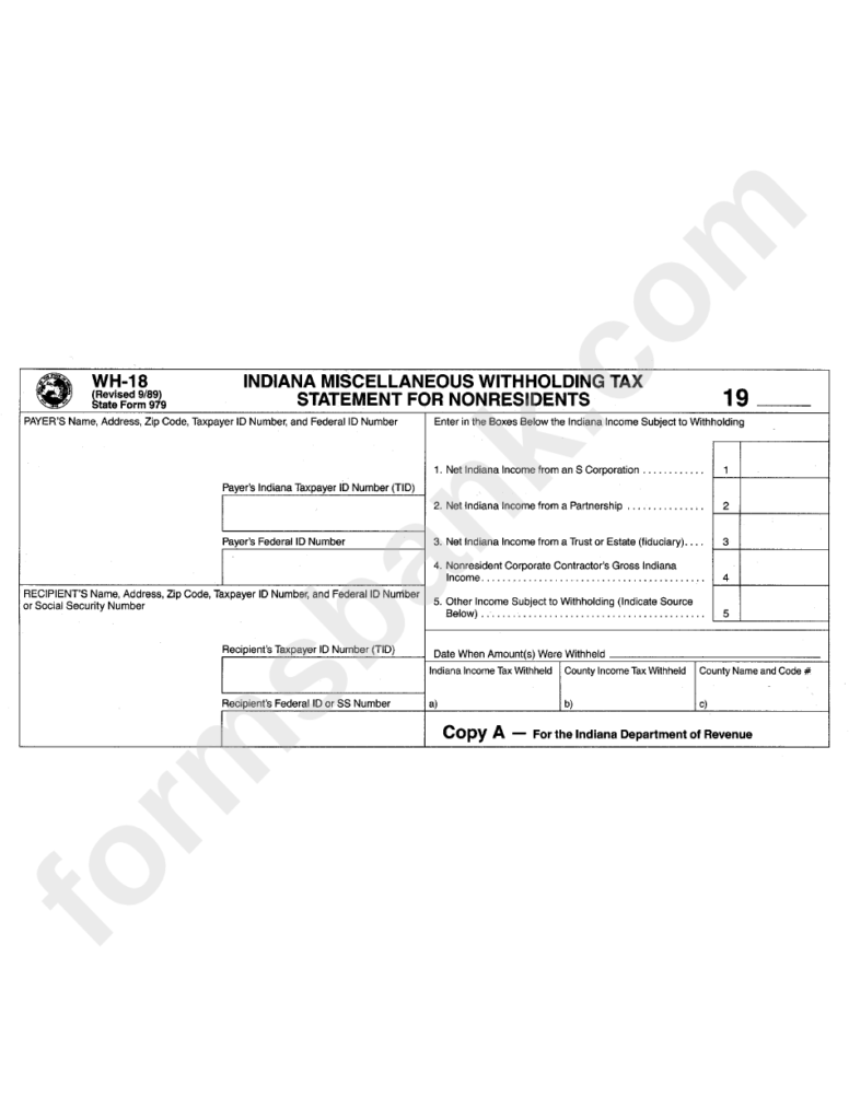 Form Wh 18 Indiana Mescellaneous Withholding Tax Statement For 
