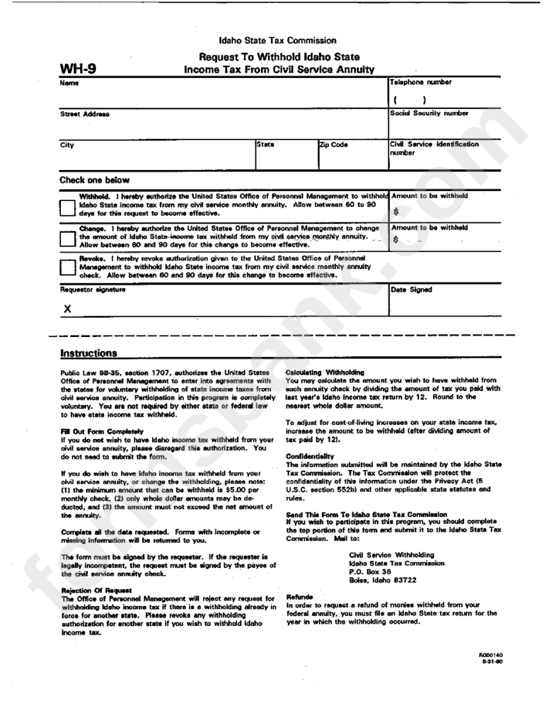 Form Wh 9 Request To Withhold Idaho State Income Tax Form Civil 