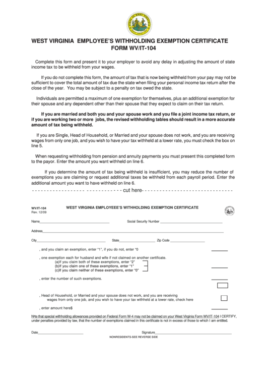 Form Wv it 104 West Virginia Employeee S Withholding Exemption 