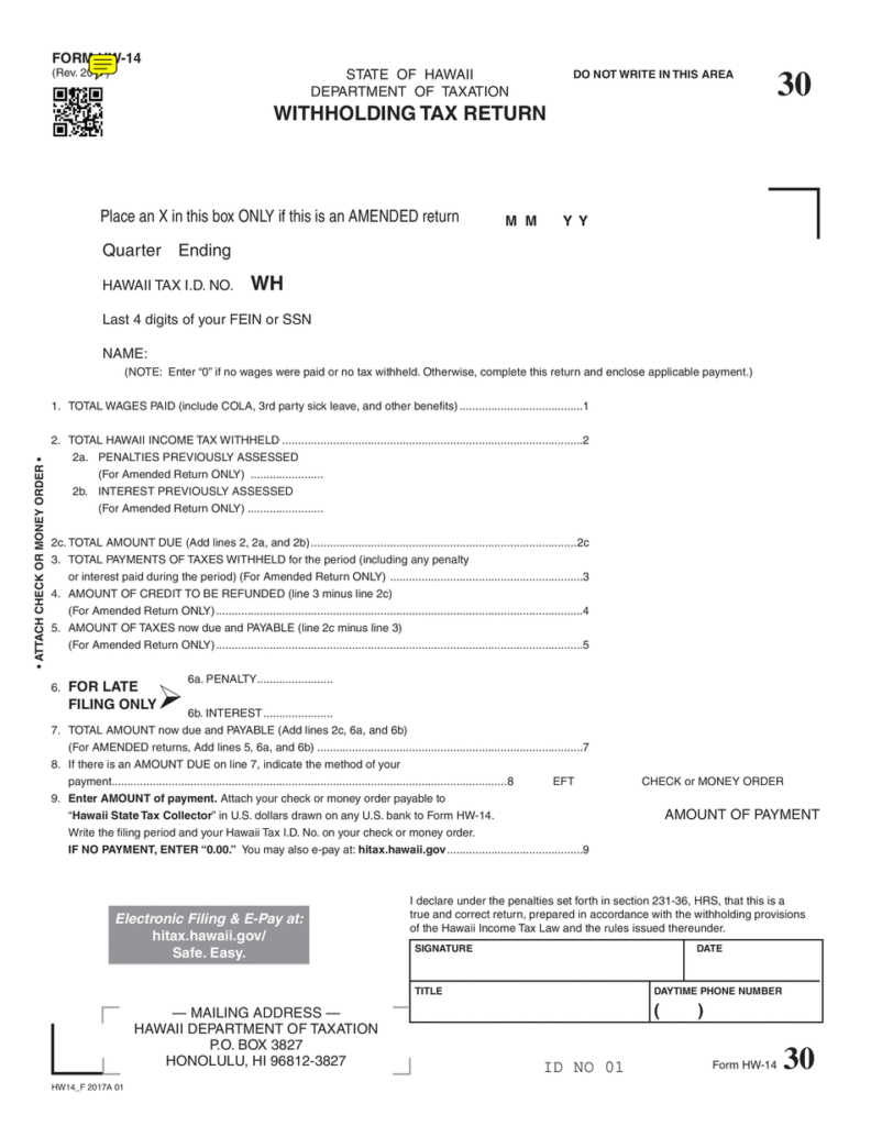 HW 14 Printable Form Hawaii Withholding Tax Return