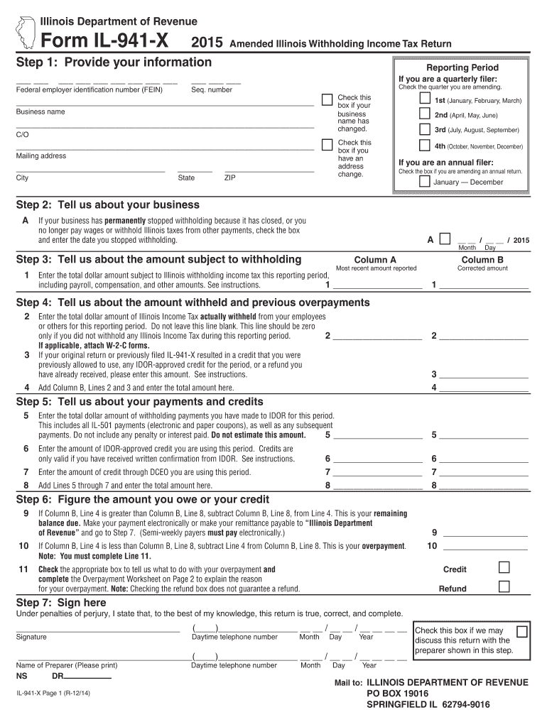 IL 941 X Amended Illinois Withholding Income Tax Return Fill Out And 