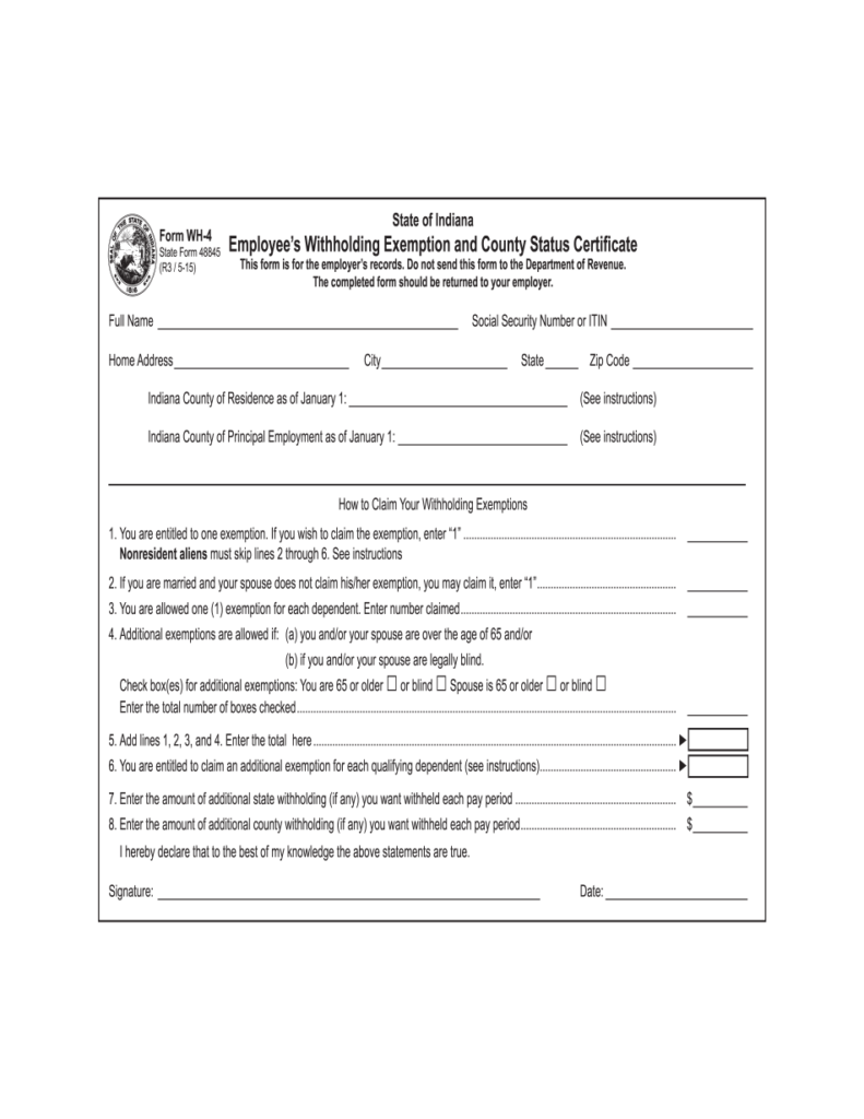 Indiana WH 4 Printable Form IN W 4 Form State Tax Withholding 