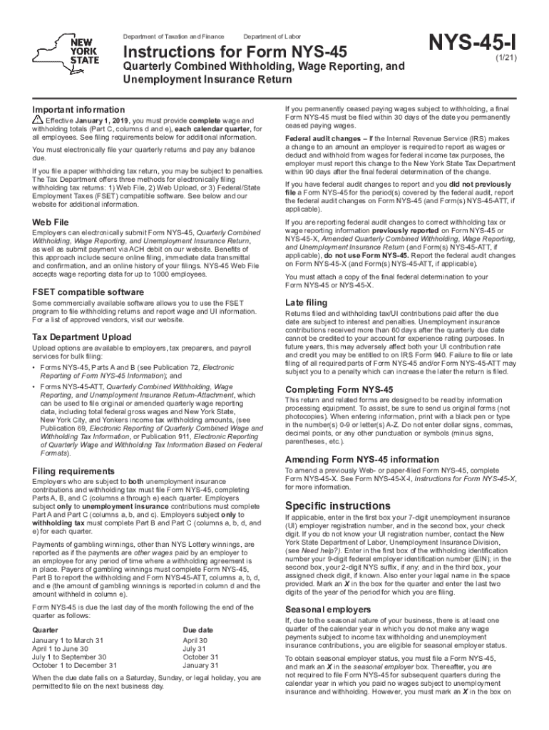 Instructions For Form NYS 45 Quarterly Combined Withholding Wage 