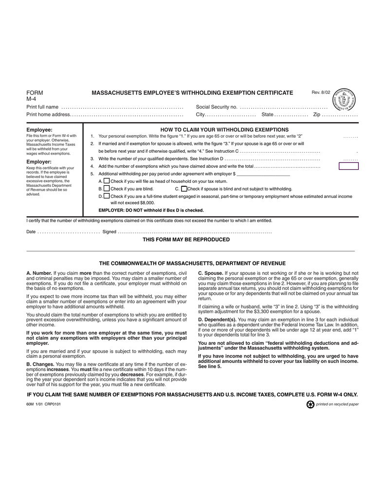 MASSACHUSETTS EMPLOYEE S WITHHOLDING EXEMPTION CERTIFICATE FORM M 4