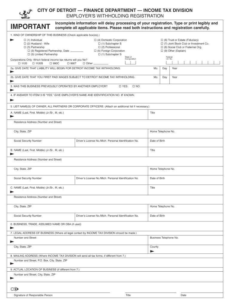 MI ITD Employer s Withholding Registration Fill Out Tax Template 