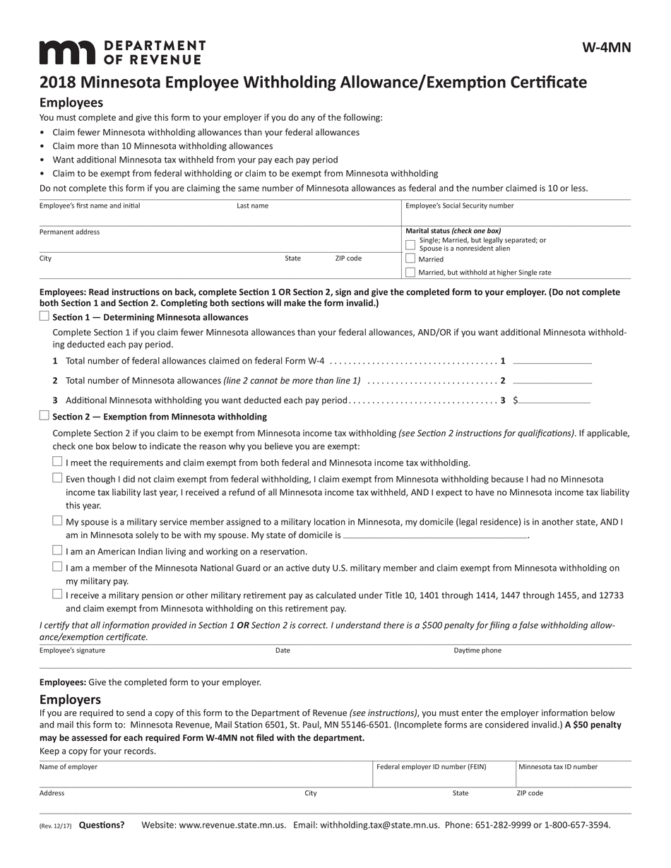 Minnesota Form W 4MN Printable Withholding Allowance Exemption 