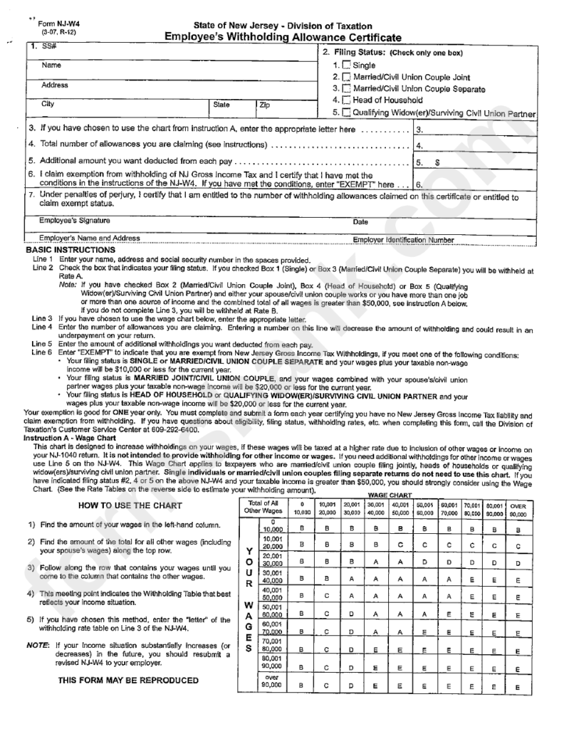 Nj Form W 4 Employee S Withholding Allowance Certificate New Jersey 