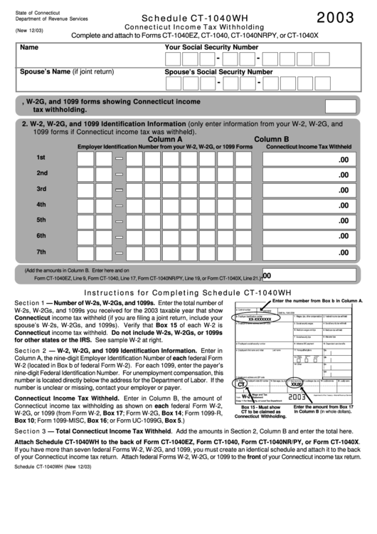 Schedule Ct 1040wh Connecticut Income Tax Withholding Form State Of 