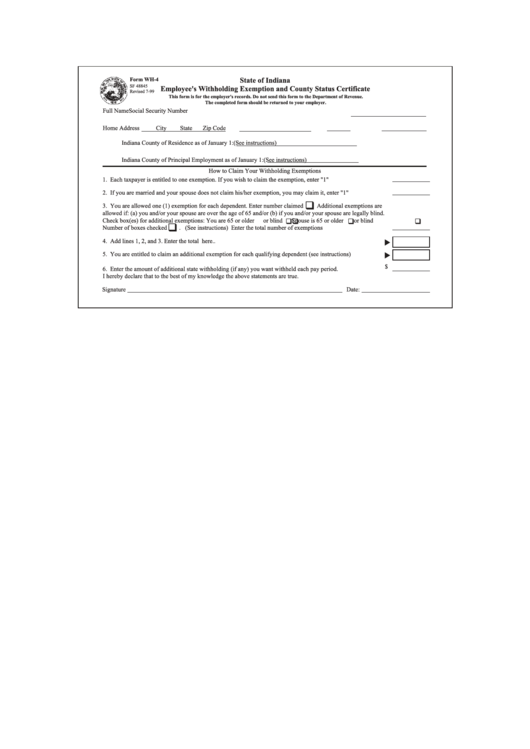 State Of Indiana Employee S Withholding Exemption And County Status 