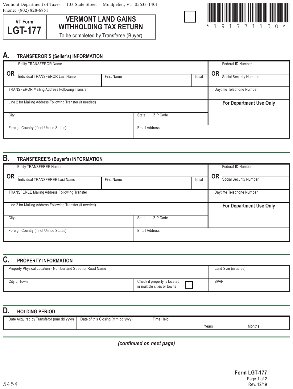 VT Form LGT 177 Download Fillable PDF Or Fill Online Vermont Land Gains 