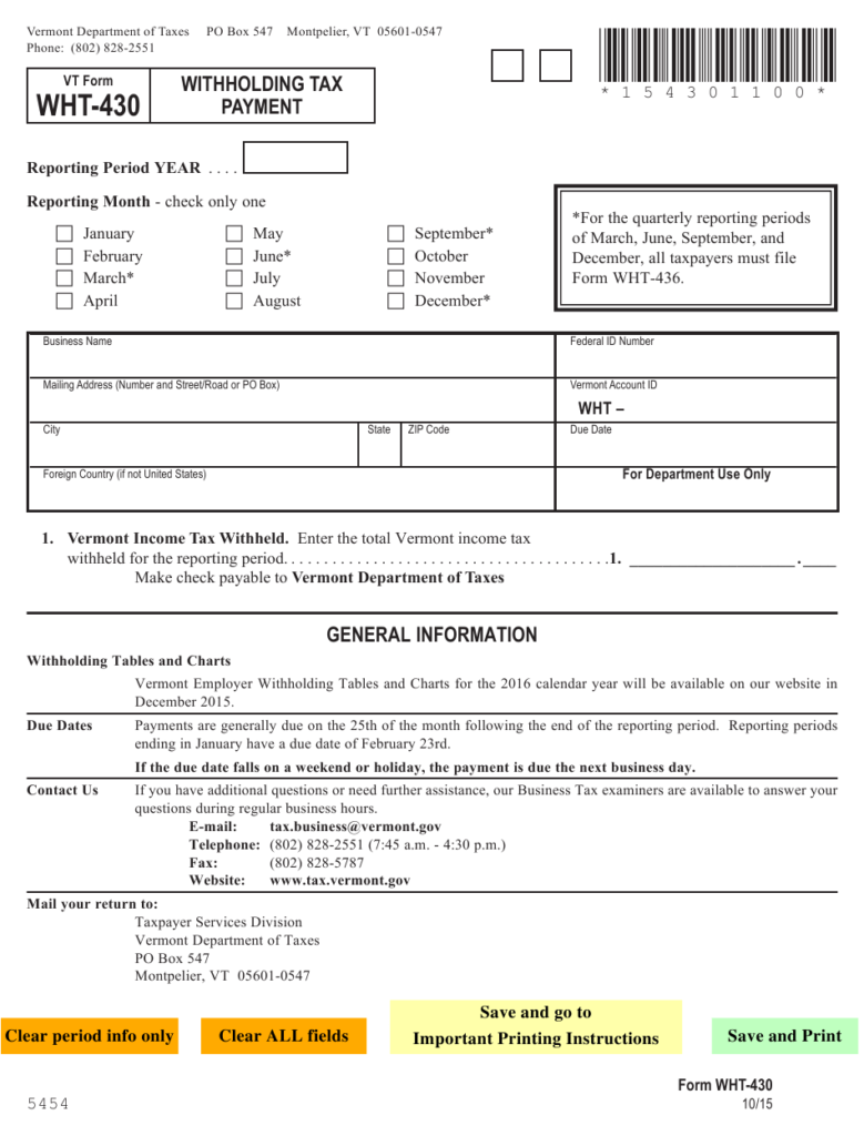 VT Form WHT 430 Download Fillable PDF Or Fill Online Withholding Tax 